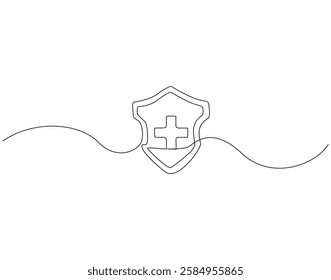 Continuous line drawing of health shield. Single line illustration of medical shield. Protection health care concept. Editable outline