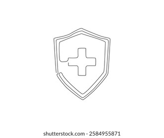 Continuous line drawing of health shield. Single line illustration of medical shield. Protection health care concept. Editable outline
