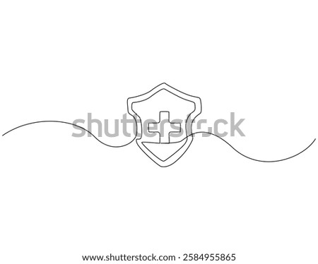 Continuous line drawing of health shield. Single line illustration of medical shield. Protection health care concept. Editable outline