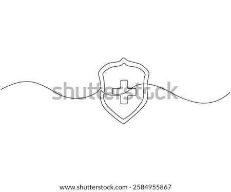Continuous line drawing of health shield. Single line illustration of medical shield. Protection health care concept. Editable outline