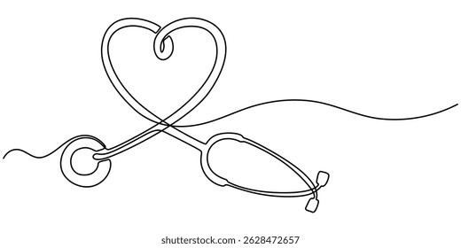 Continuous Line Drawing of Healthcare Icon. Hand Drawn Symbol Vector Illustration, continuous single drawn one line stethoscope freehand drawn picture silhouette, doctors day Continuous one line art.