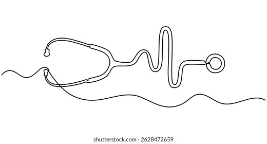 Continuous Line Drawing of Healthcare Icon. Hand Drawn Symbol Vector Illustration, continuous single drawn one line stethoscope freehand drawn picture silhouette, doctors day Continuous one line art.