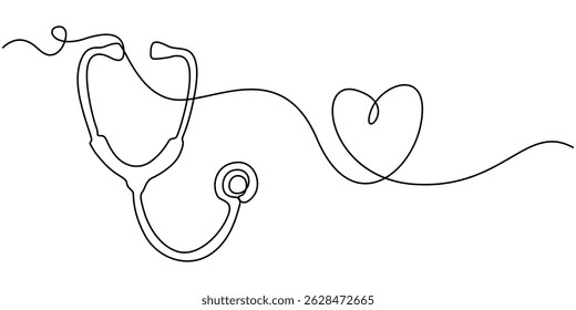 Continuous Line Drawing of Healthcare Icon. Hand Drawn Symbol Vector Illustration, continuous single drawn one line stethoscope freehand drawn picture silhouette, doctors day Continuous one line art.