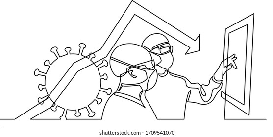 dibujo continuo de profesionales sanitarios en el análisis de mascarillas de un número creciente de casos de coronavirus