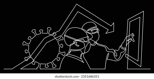 continuous line drawing of healthcare professionals in mask analyzing growing number of coronavirus cases