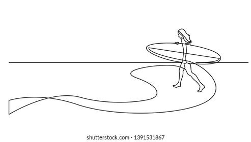 continuous line drawing of healthy young woman walking on beach with surf board