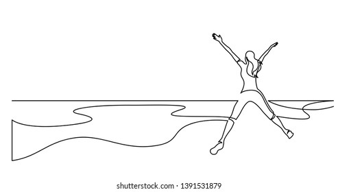 continuous line drawing of healthy young woman jumping joy on sea beach 