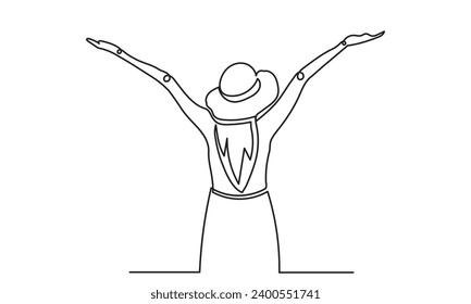 continuous line drawing of a healthy young woman outdoors with open arms. happy relaxing girl spread arms. concept of freedom, cheering and breathing deeply vector illustration.
