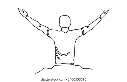 continuous line drawing of a healthy young man outdoors with open arms. happy relaxing male spread arms. concept of freedom, cheering and breathing deeply vector illustration.
