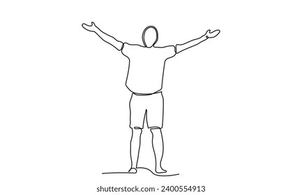 continuous line drawing of a healthy young man outdoors with open arms. happy relaxing male spread arms. concept of freedom, cheering and breathing deeply vector illustration.

