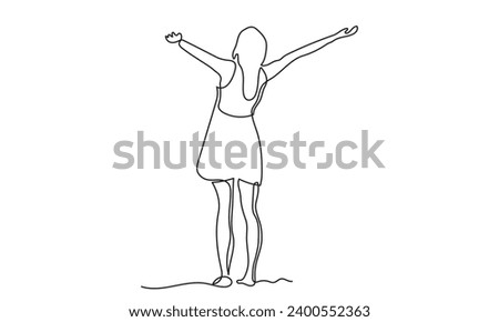 continuous line drawing of a healthy young woman outdoors with open arms. happy relaxing girl spread arms. concept of freedom, cheering and breathing deeply vector illustration.
