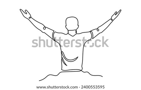continuous line drawing of a healthy young man outdoors with open arms. happy relaxing male spread arms. concept of freedom, cheering and breathing deeply vector illustration.
