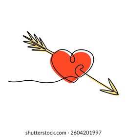 Continuous line drawing. Heart with an arrow. Valentine's day. Template for love cards and invitations. Isolated on white background. Hand drawn color vector illustration. 