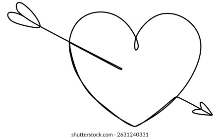 Continuous line drawing heart with arrow. Vector illustration isolated on white.