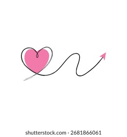 Um desenho de linha contínua de um coração com uma seta. O coração é rosa e a flecha é preta. O desenho é isolado sobre um fundo branco. Ilustração vetorial. Conceito de amor.