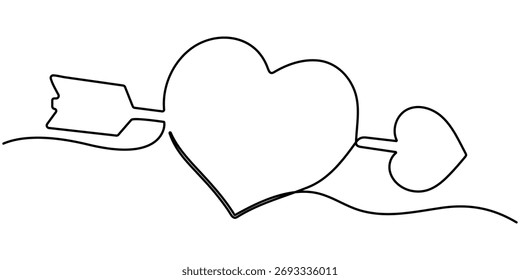Línea continua dibujando corazón con flecha. Ilustración vectorial aislada sobre fondo blanco, dibujo de contorno minimalista. 