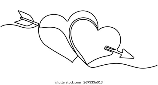 Línea continua dibujando corazón con flecha. Ilustración vectorial aislada sobre fondo blanco, dibujo de contorno minimalista. 