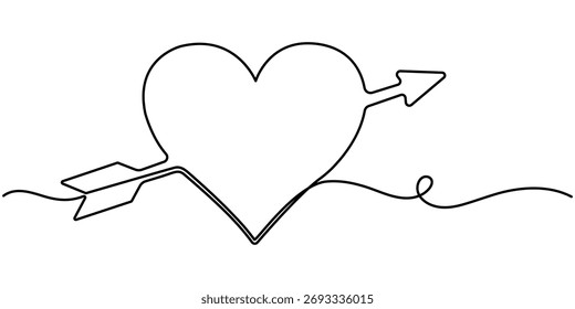 Continuous line drawing heart with arrow. Vector illustration isolated on white background, minimalist outline draw. 