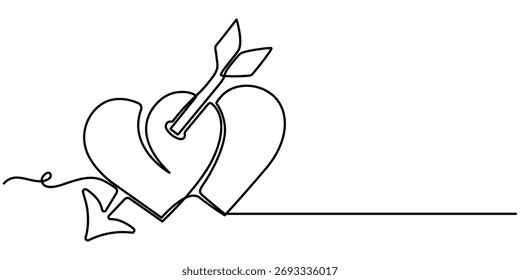 Línea continua dibujando corazón con flecha. Ilustración vectorial aislada sobre fondo blanco, dibujo de contorno minimalista. 