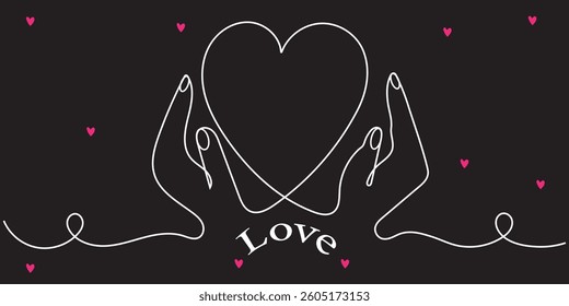 Continuous line drawing of heart between two human hands meaning care and love. Vector illustration