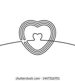 Continuous line drawing of heart, Black and white vector minimalist illustration of love concept made of one line