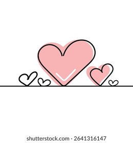 Continuous line drawing of a heart, black and white vector minimalist love concept illustration. Set. Doodl.