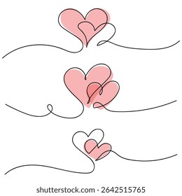 Continuous line drawing of a heart, black and white vector minimalist love concept illustration. Set. Doodl.