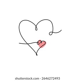 Continuous line drawing of a heart, black and white vector minimalist love concept illustration. Set. Doodl.
