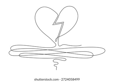 Dibujo de línea continua del icono roto del corazón. Diseño de arte de línea de corazón minimalista dibujado a mano. Abstractas concepto de amor romántico doodle para tarjeta de San Valentín, invitación de boda, Anuncio de Web e impresión. Vector