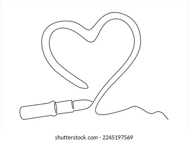 Continuous line drawing. Heart is drawn by lipstick. Black isolated on white background. Hand drawn vector illustration.
