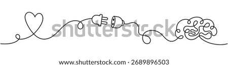 Continuous line drawing of a heart, electric plug, and brain connected by one cable. Minimal vector concept of love and mind connection, emotional intelligence, communication between heart and brain
