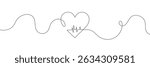  Continuous line drawing of heart with heartbeat. Pulse trace. Cardiogram icon. One line drawing. Single line art. Vector illustration.