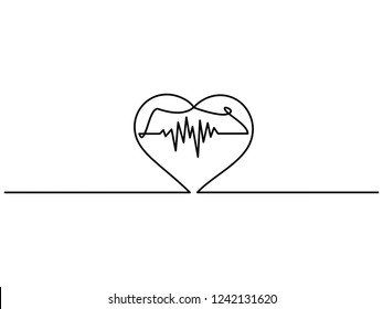 Continuous line drawing of heart with heartbeat on Black and white background.