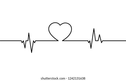 Continuous line drawing of heart with heartbeat on Black and white background.