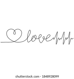 Continuous line drawing. Heart and heartbeat line. Cardiogram. Word Love. Black isolated on white background. Hand drawn vector illustration. 