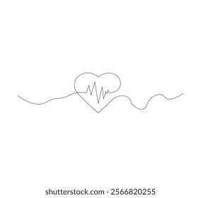 Continuous line drawing of heart with heartbeat. Pulse trace. Cardiogram icon. One line drawing. Vector illustration.