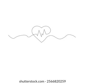 Continuous line drawing of heart with heartbeat. Pulse trace. Cardiogram icon. One line drawing. Vector illustration.