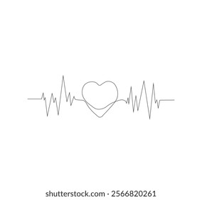 Continuous line drawing of heart with heartbeat. Pulse trace. Cardiogram icon. One line drawing. Vector illustration.