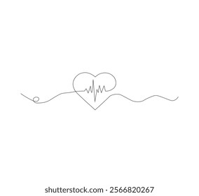 Continuous line drawing of heart with heartbeat. Pulse trace. Cardiogram icon. One line drawing. Vector illustration.