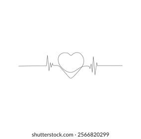 Continuous line drawing of heart with heartbeat. Pulse trace. Cardiogram icon. One line drawing. Vector illustration.