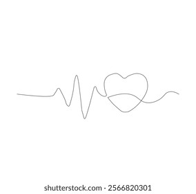 Continuous line drawing of heart with heartbeat. Pulse trace. Cardiogram icon. One line drawing. Vector illustration.