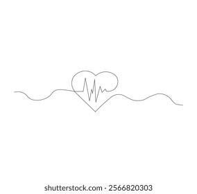 Continuous line drawing of heart with heartbeat. Pulse trace. Cardiogram icon. One line drawing. Vector illustration.