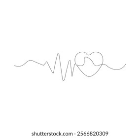Continuous line drawing of heart with heartbeat. Pulse trace. Cardiogram icon. One line drawing. Vector illustration.