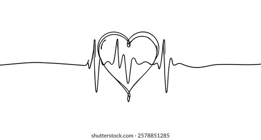 Continuous line drawing of heart with heartbeat. Pulse trace. Cardiogram icon. One line drawing. Single line art. Vector illustration.