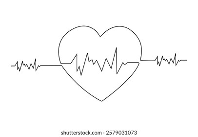 Continuous line drawing of heart with heartbeat. Pulse trace. Cardiogram icon. One line drawing. Single line art. Vector illustration, Heartbeat Continuous Line Icon.