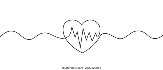 Continuous line drawing of heart with heartbeat. Pulse curve. One line drawing. Single line art. Vector illustration.