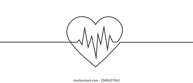 Continuous line drawing of heart with heartbeat. Pulse curve. One line drawing. Single line art. Vector illustration.