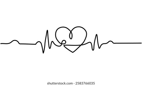 Continuous line drawing of heart with heartbeat. Pulse trace. Cardiogram icon, Heartbeat cardiogram healthcare concept., One line heartbeat graph Vector illustration single sketch outline.