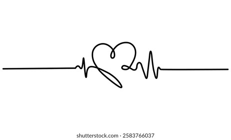 Continuous line drawing of heart with heartbeat. Pulse trace. Cardiogram icon, Heartbeat cardiogram healthcare concept., One line heartbeat graph Vector illustration single sketch outline.