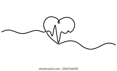 Continuous line drawing of heart with heartbeat. Pulse trace. Cardiogram icon, Heartbeat cardiogram healthcare concept., One line heartbeat graph Vector illustration single sketch outline.